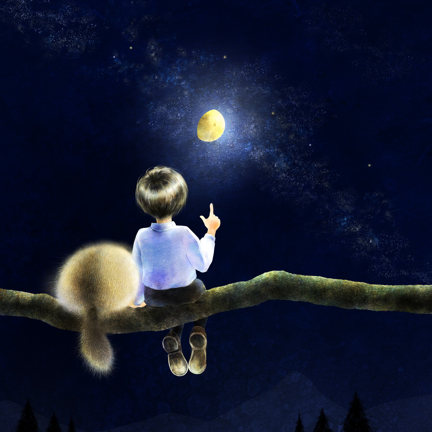 ニホンヤマネのイラスト　ヤマネの絵　少年と星空