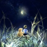 カヤネズミのイラスト　月の夜の絵　日本の野ネズミ