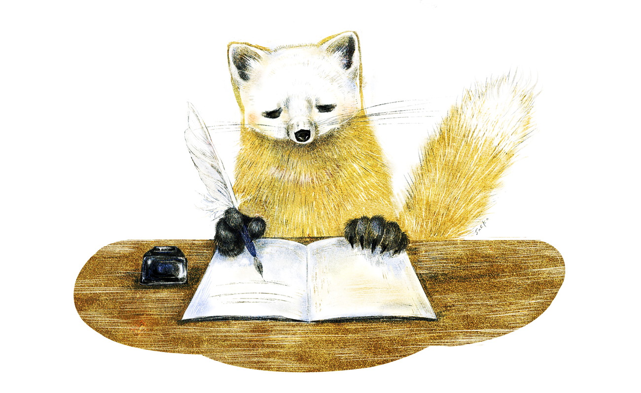 テンの絵　ニホンテン・ホンドテンのイラスト　動物イラスト　書いているイラスト　ノートとペン　marten illust