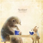 ツキノワグマとウサギのイラスト　友達のお話の絵
