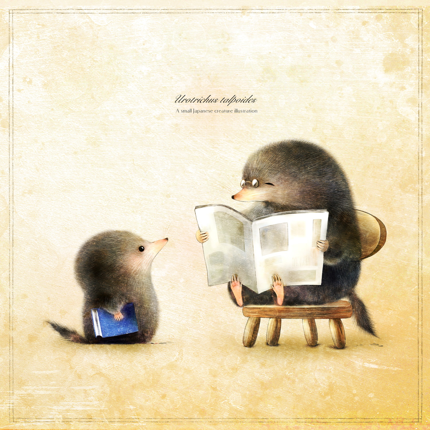 ヒミズの親子 新聞を読むお父さんのイラスト shrew-mole
