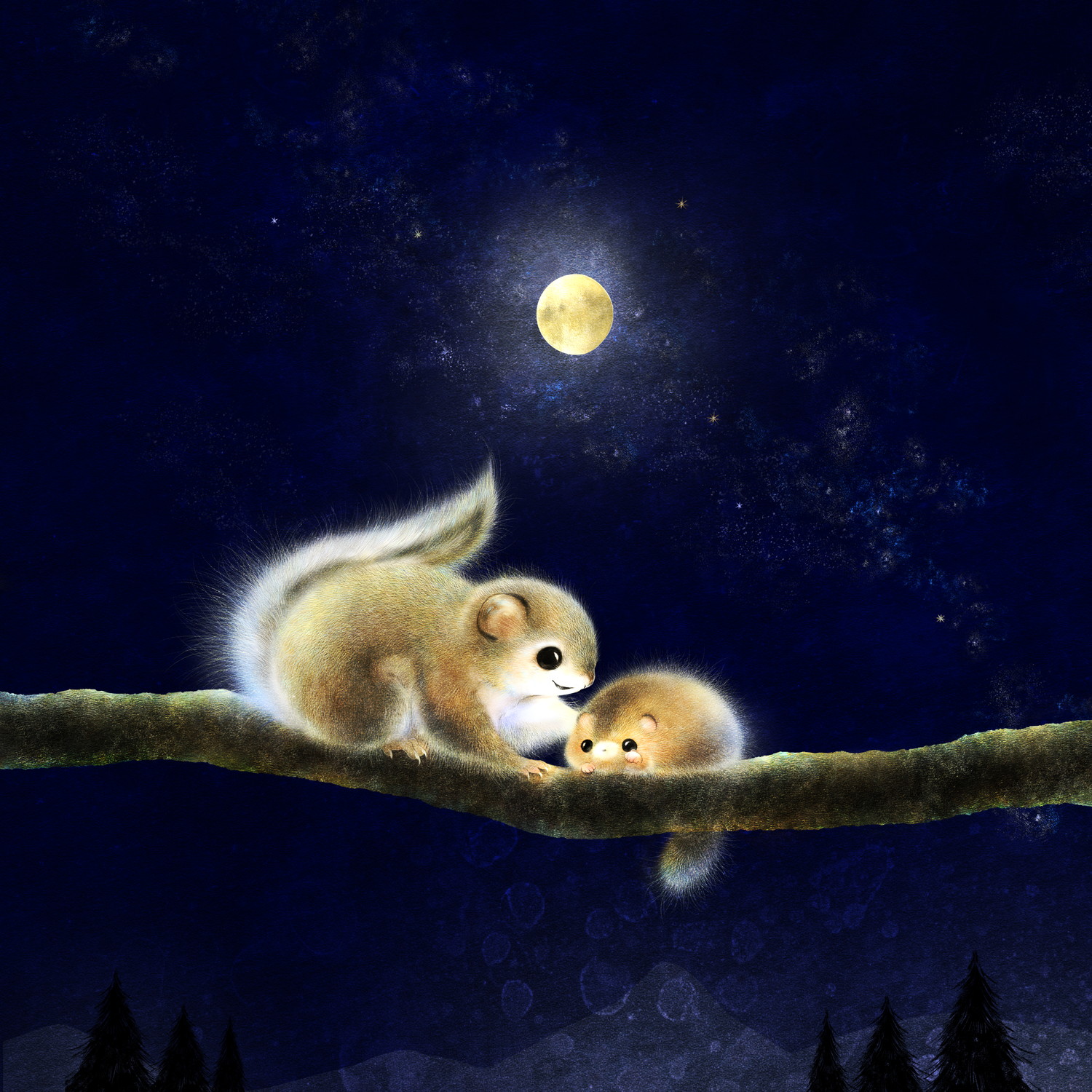 ニホンモモンガとヤマネのイラスト　月夜の絵