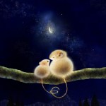 ヒメネズミの親子のラスト　月夜の森の絵