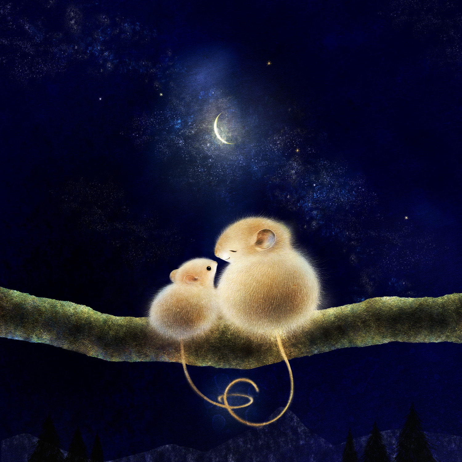 ヒメネズミの親子のラスト　月夜の森の絵