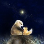 ニホンアナグマ　ホンドギツネ　切り株の上でお話　夜のイラスト