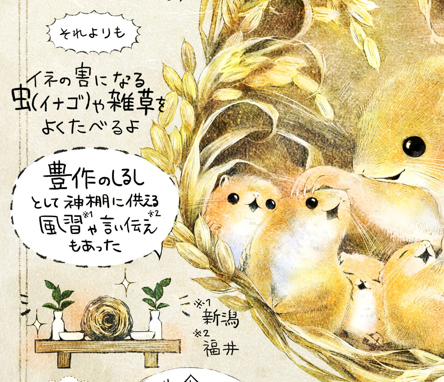カヤネズミとは?イラスト解説 カヤネズミは、害獣か?豊作のしるしとする風習もあった。イナゴやヒエをよく食べる。