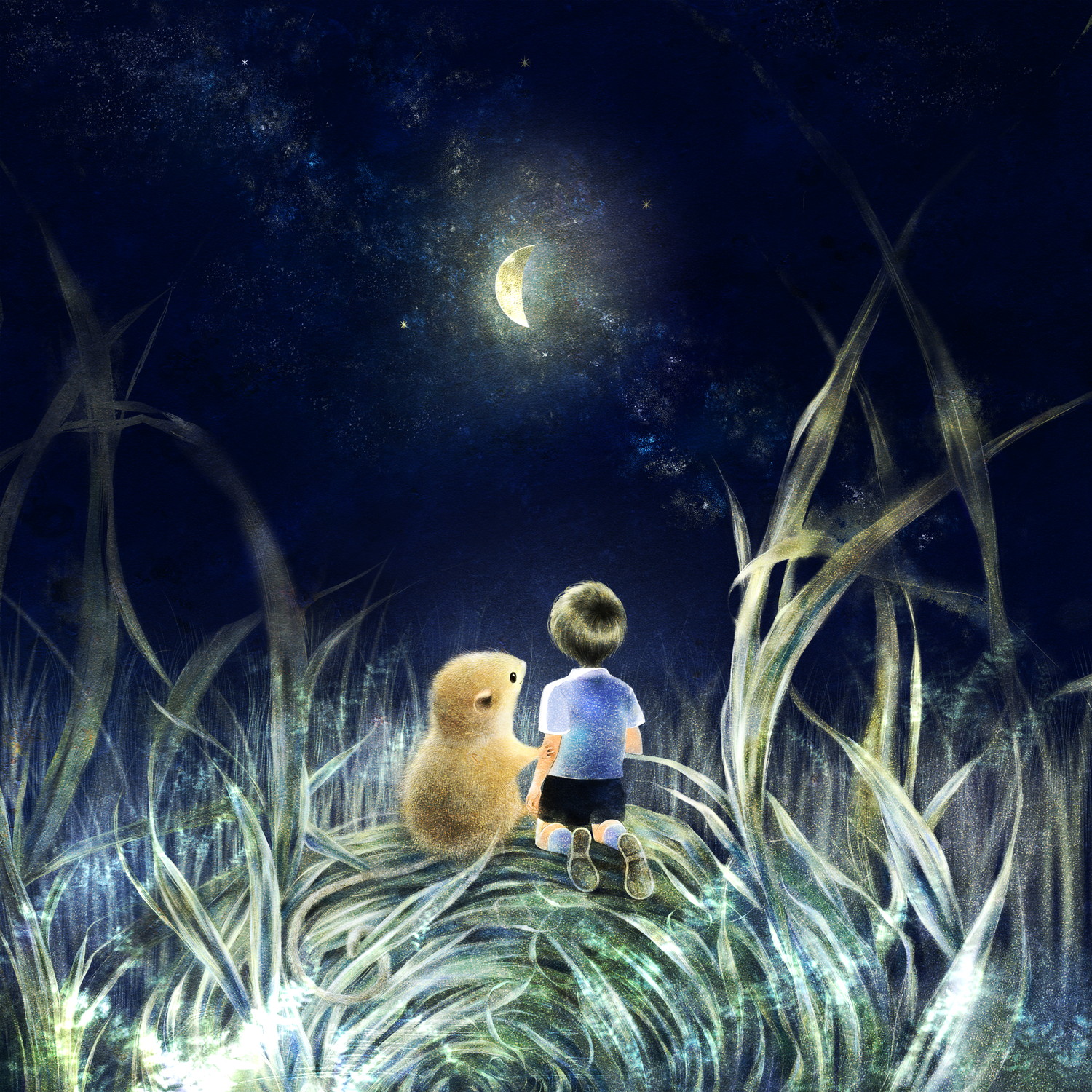 カヤネズミのイラスト　月の夜の絵　日本の野ネズミ